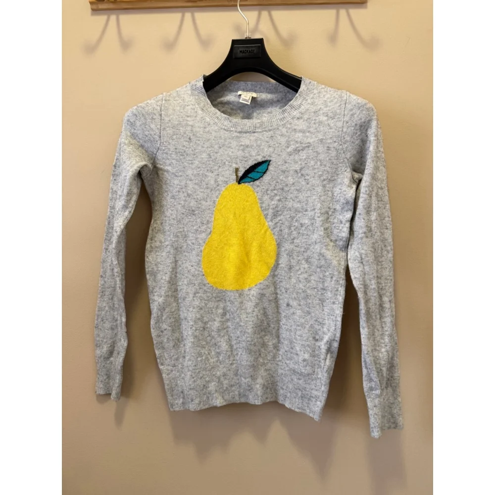 Women's J.CREW Gray Crew Neck Sweater with Yellow Pear Graphic XS - Picture 2 of 7